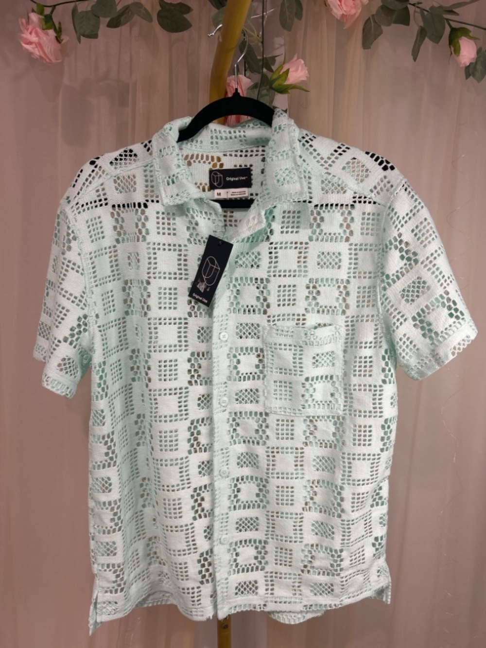 Original Use Mint Crochet Button Up Shirt Medium Open Knit Resort NWT